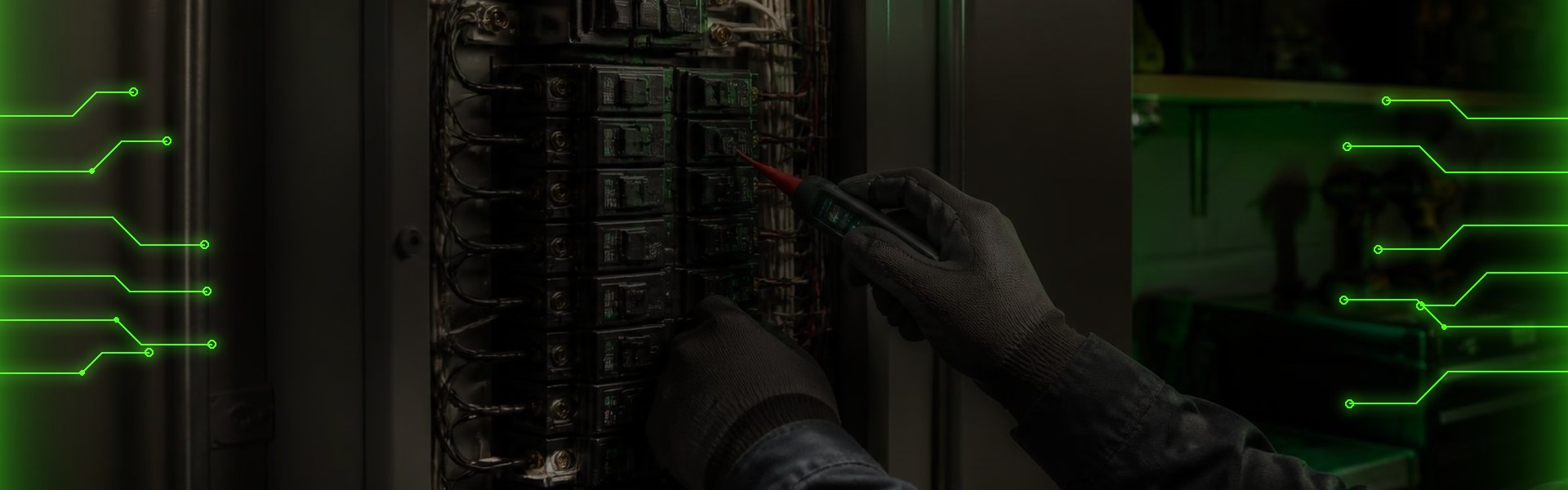 Electrician testing a residential breaker panel.
