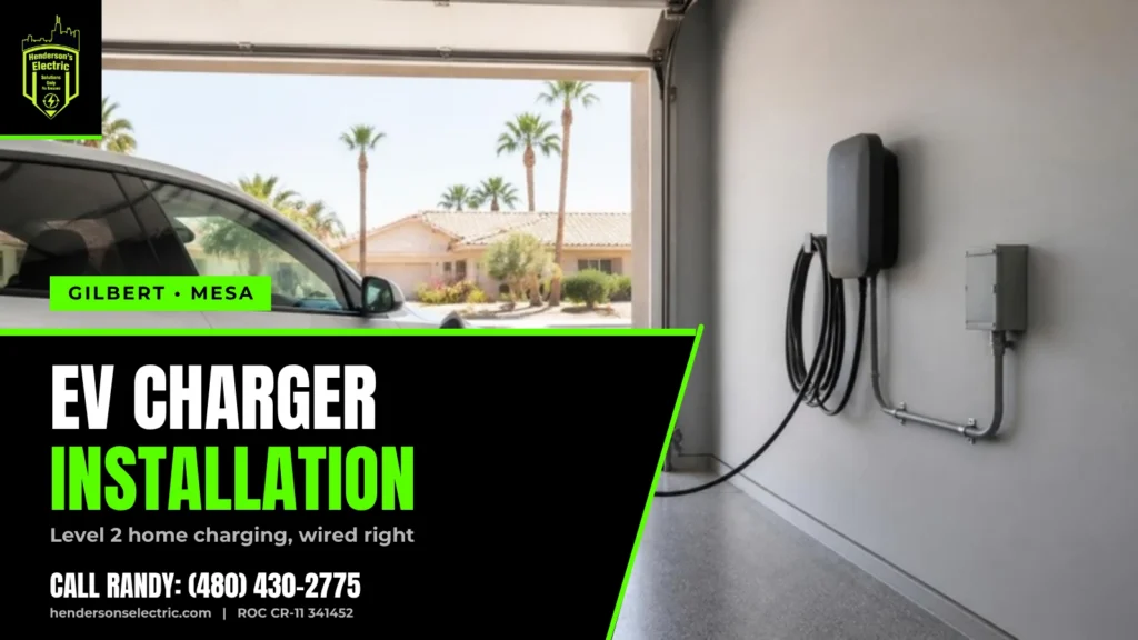 Level 2 EV charger installed on a garage wall in a Gilbert or Mesa, AZ home, with conduit to a disconnect and an electric SUV plugged in