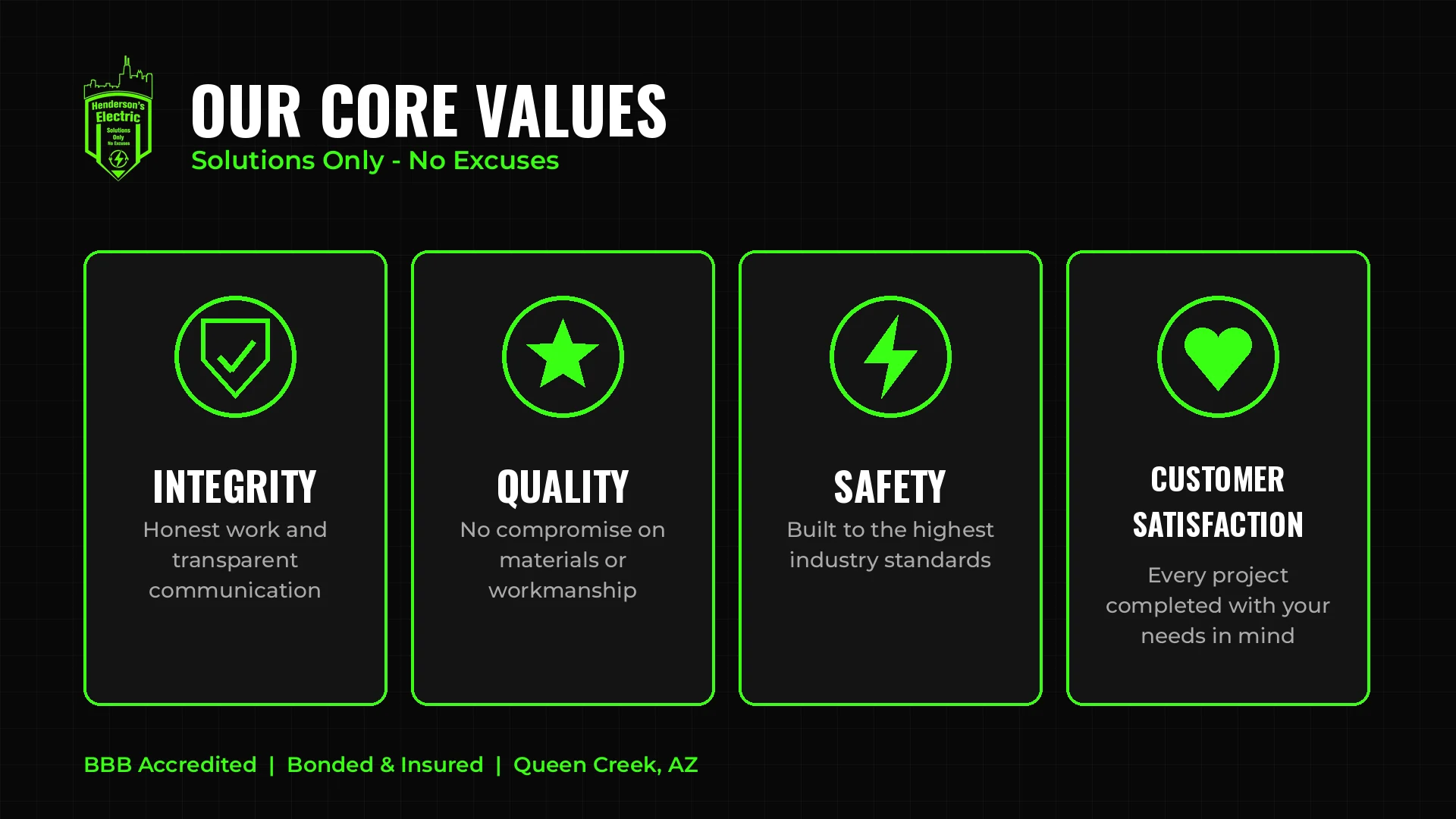 Henderson's Electric Solutions core values: integrity, quality, safety and customer satisfaction