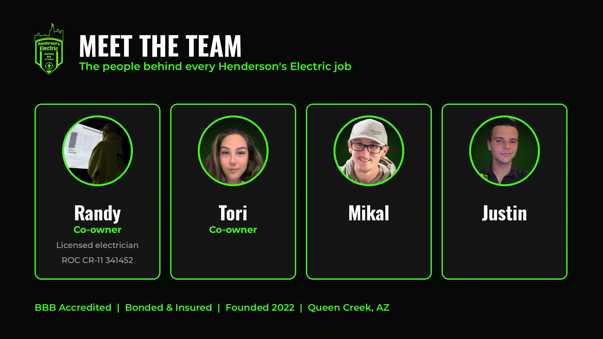 Meet the Henderson's Electric Solutions team in Queen Creek, AZ: Randy, Tori, Mikal and Justin